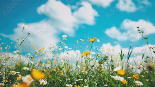 Field of yellow flowers under a sky filled with fluffy blue clouds