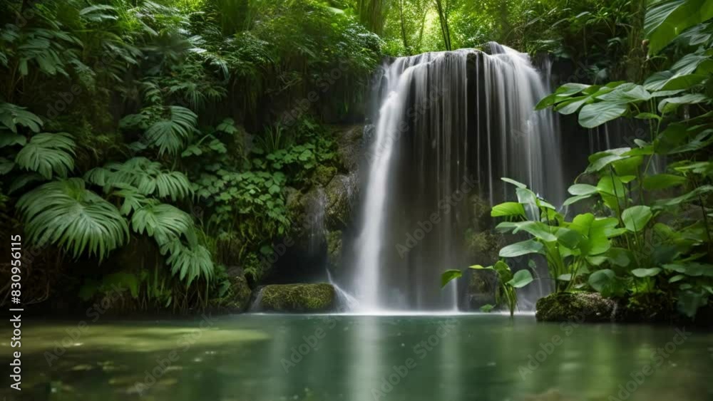 A small waterfall cascading into a crystal clear pond in a dense jungle setting, surrounded by thick foliage A small waterfall cascading into a crystal clear pond in a dense jungle setting, surrounded by thick foliage