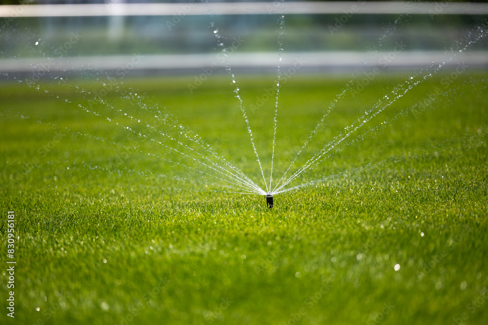 Irrigation system. Close up photo with water irrigation sprinklers on a green grass lawn. Garden landscaping industry.