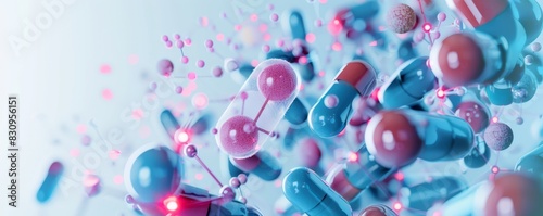 Abstract close-up of assorted colorful medication pills and capsules in mid-air on a light background, symbolizing medical science and healthcare.