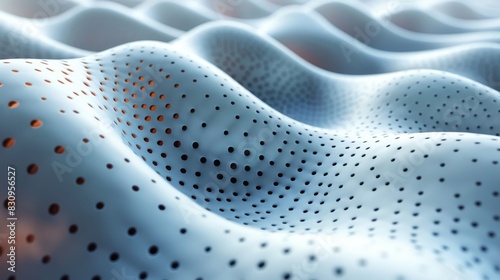 An abstract 3D rendered surface with white waves and red perforated holes offering a modern visual appeal