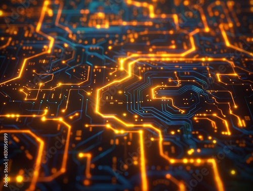 A close-up view of a circuit board with glowing orange and blue pathways, resembling a futuristic cityscape.