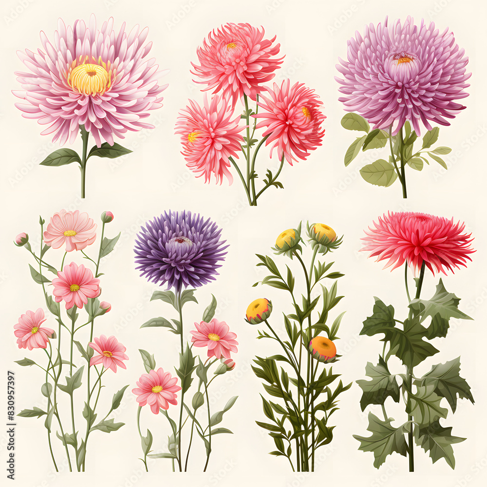 set of Aster, plants, leaves and flowers. illustrations of beautiful realistic flowers for background, pattern or wedding invitations