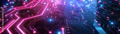 Abstract futuristic neon circuit board background, featuring glowing pink and blue lights in a high-tech electronic design.