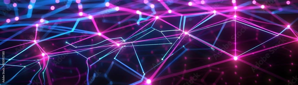 Abstract network background with bright neon lights and connected nodes, representing digital technology and data communication. Abstract network background with bright neon lights and connected nodes, representing digital technology and data communication.