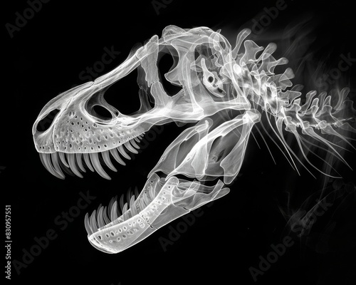 X-ray of T-Rex skeleton, monochrome, detailed bones visible