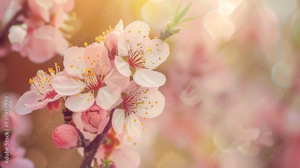 Obraz premium Apricot tree flowers with soft focus Spring white flowers on a tree branch Apricot tree in bloom Spring seasons pink flowers of apricot tree closeup stock photo : Generative AI
