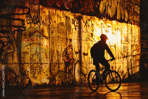 Cyclist silhouette against the backdrop of a graffitifilled urban landscape at sunset, embodying urban exploration and culture photo