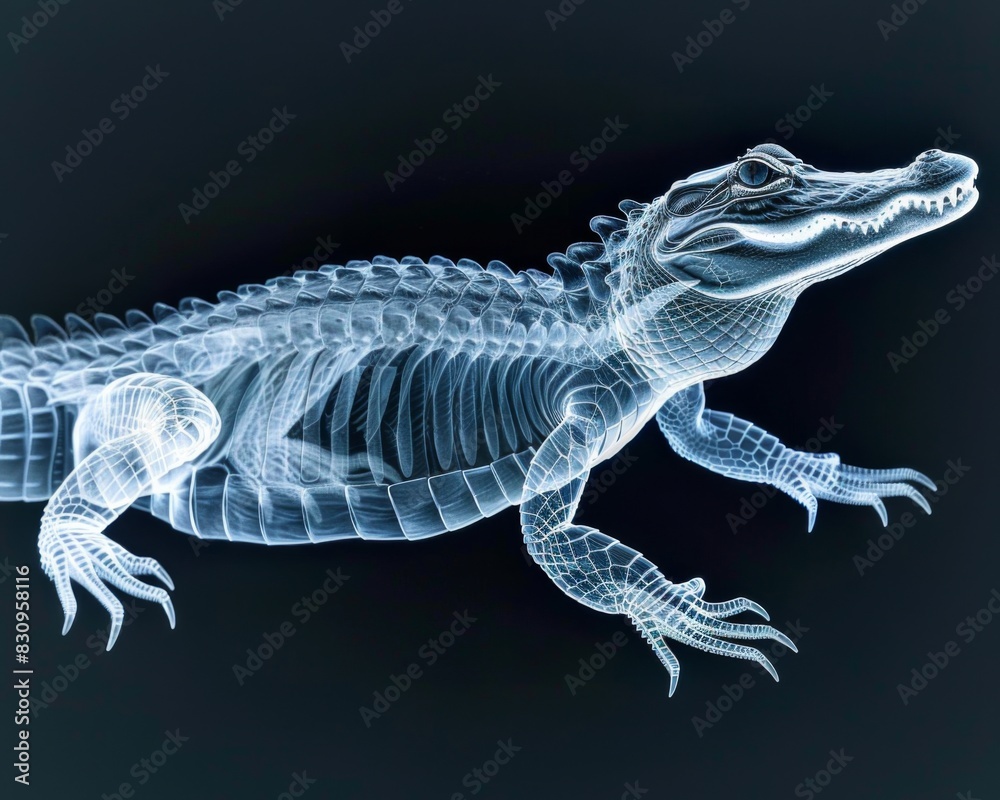 Three-dimensional lizard resembling an alligator emerges from darkness in a mystical X-ray style