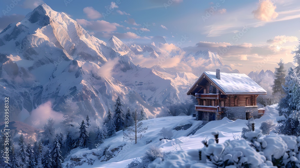 Digital snow mountain hut illustration poster background