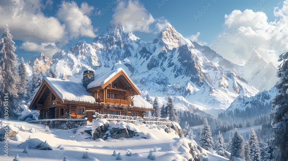 Digital snow mountain hut illustration poster background