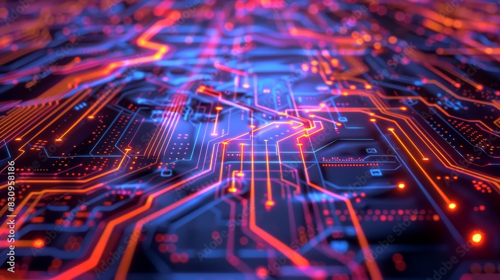 Fototapeta premium Close-up of a futuristic printed circuit board with glowing red and blue pathways, representing advanced technology and electronic innovation.