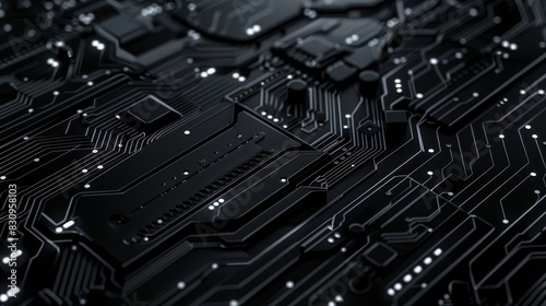 Close-up of a dark, detailed circuit board with visible components and pathways, representing technology and digital innovation.
