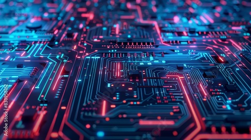 Close-up of a futuristic printed circuit board with glowing red and blue lights showcasing technology and innovation in electronic components.
