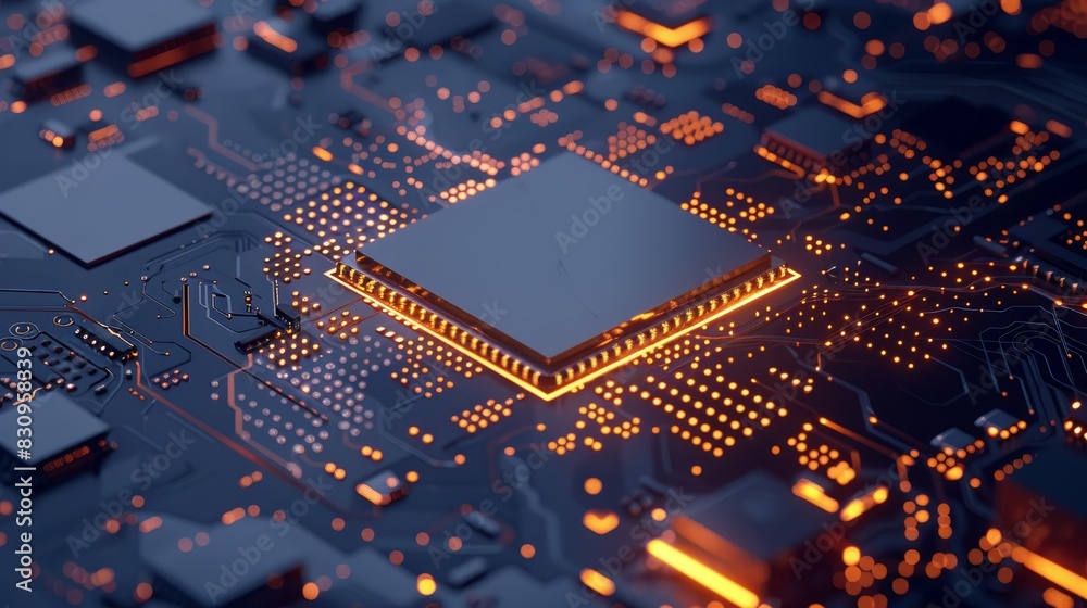 Close-up of a glowing microchip on a circuit board, illustrating advanced technology and electronic components in a futuristic design. Close-up of a glowing microchip on a circuit board, illustrating advanced technology and electronic components in a futuristic design.