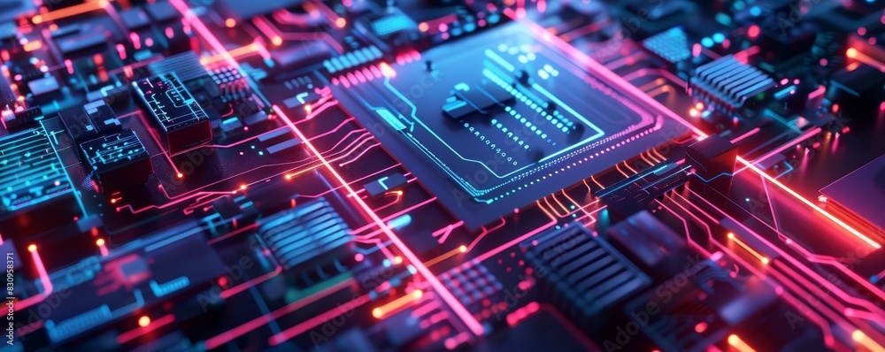 Close-up of an electronic circuit board with glowing components, showcasing advanced technology and futuristic design. Close-up of an electronic circuit board with glowing components, showcasing advanced technology and futuristic design.
