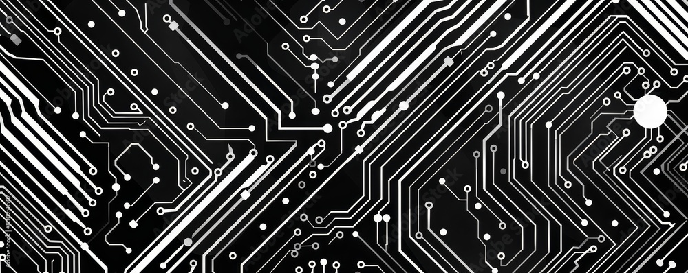 Close-up of electronic circuit board showing intricate pathways and connections in black and white. Technology and hardware concept.