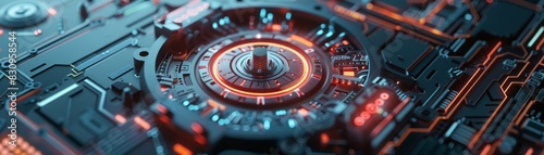 Close-up of futuristic circuit board with glowing red and blue lights, showcasing intricate technology and cyberpunk aesthetics.