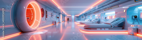 Futuristic healthcare facility featuring advanced diagnostic tools with a sleek design and glowing lights. Close-up view highlighting medical innovation and high-tech advancements. photo