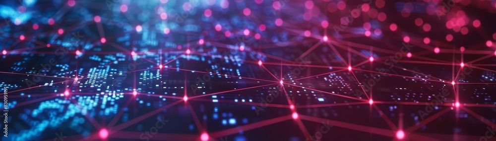 Dynamic digital network with pink and blue light nodes connecting in a futuristic abstract technology background for data, AI, and communication concepts. Dynamic digital network with pink and blue light nodes connecting in a futuristic abstract technology background for data, AI, and communication concepts.