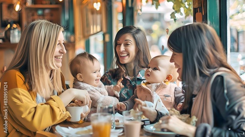 Mothers with their babies enjoying a cafe outing  capturing a joyful and social moment with friends in a cozy setting.