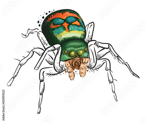 A colorful spider with beautiful eyes, an abdomen and furry legs. Vector isolated image of an arthropod insect