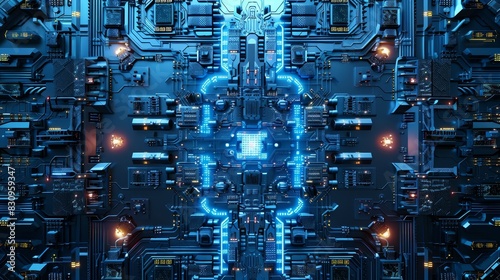 Futuristic circuit board featuring glowing blue neon lights and intricate technological details depicting advanced cyber technology.