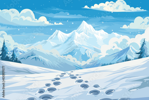 Winter snow landscape with mountains, Beautiful mountain landscape, Winter landscape with snow, Landscape with snow, Snowy mountain landscape vector illustration