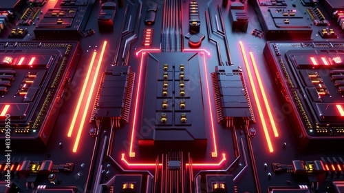 Futuristic circuit board with glowing neon lights, showcasing advanced technology and intricate electronic components in high resolution.