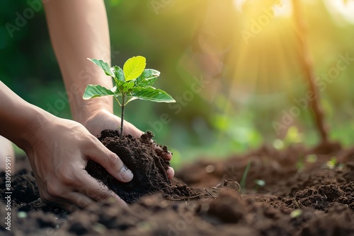 Ecofriendly lifestyle, person planting a tree in a community garden, hands in soil, focus on sustainability and growth, sunny day photo