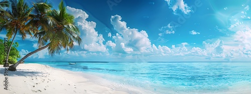 panoramic view of palm trees and wooden boardwalk leading to the beach at sunrise in