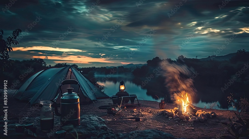 Scenic riverside camping at twilight with a cozy tent, warm campfire, and beautiful evening sky. Perfect for nature and outdoor adventure enthusiasts. Scenic riverside camping at twilight with a cozy tent, warm campfire, and beautiful evening sky. Perfect for nature and outdoor adventure enthusiasts.
