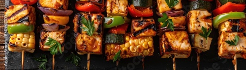 Close-up of colorful grilled vegetable skewers with assorted peppers, zucchini, and fresh herbs on a dark background. photo