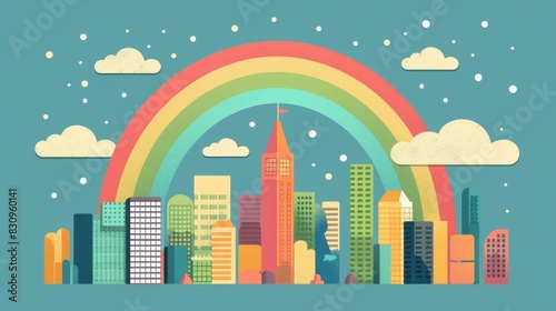 Illustration of a city skyline with a large rainbow arching over the buildings  representing LGBTQ  Pride and urban unity.
