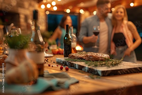 Cozy outdoor dinner party with friends enjoying wine and good food, surrounded by warm string lights and a relaxed atmosphere in the evening.