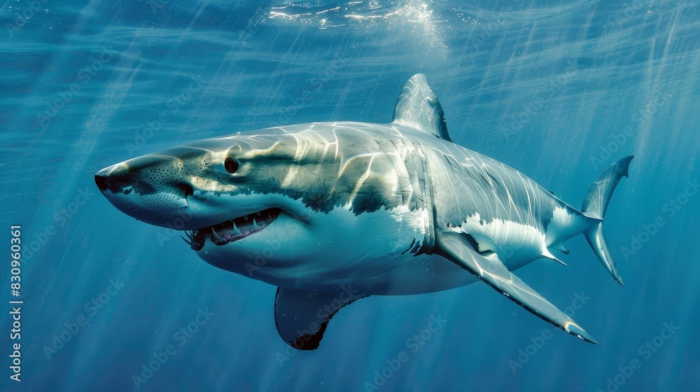 Fototapeta premium Great white shark swimming underwater, showcasing its powerful body and sharp teeth in a clear blue ocean.