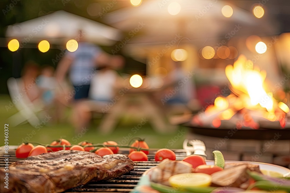 Outdoor barbecue party with grilled meat and vegetables at sunset, people enjoying food and drinks in the background. Summer evening vibes.