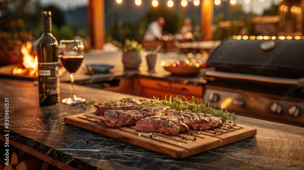 Outdoor kitchen with deliciously seasoned steaks on a cutting board, a glass of red wine, and a cozy evening with string lights.