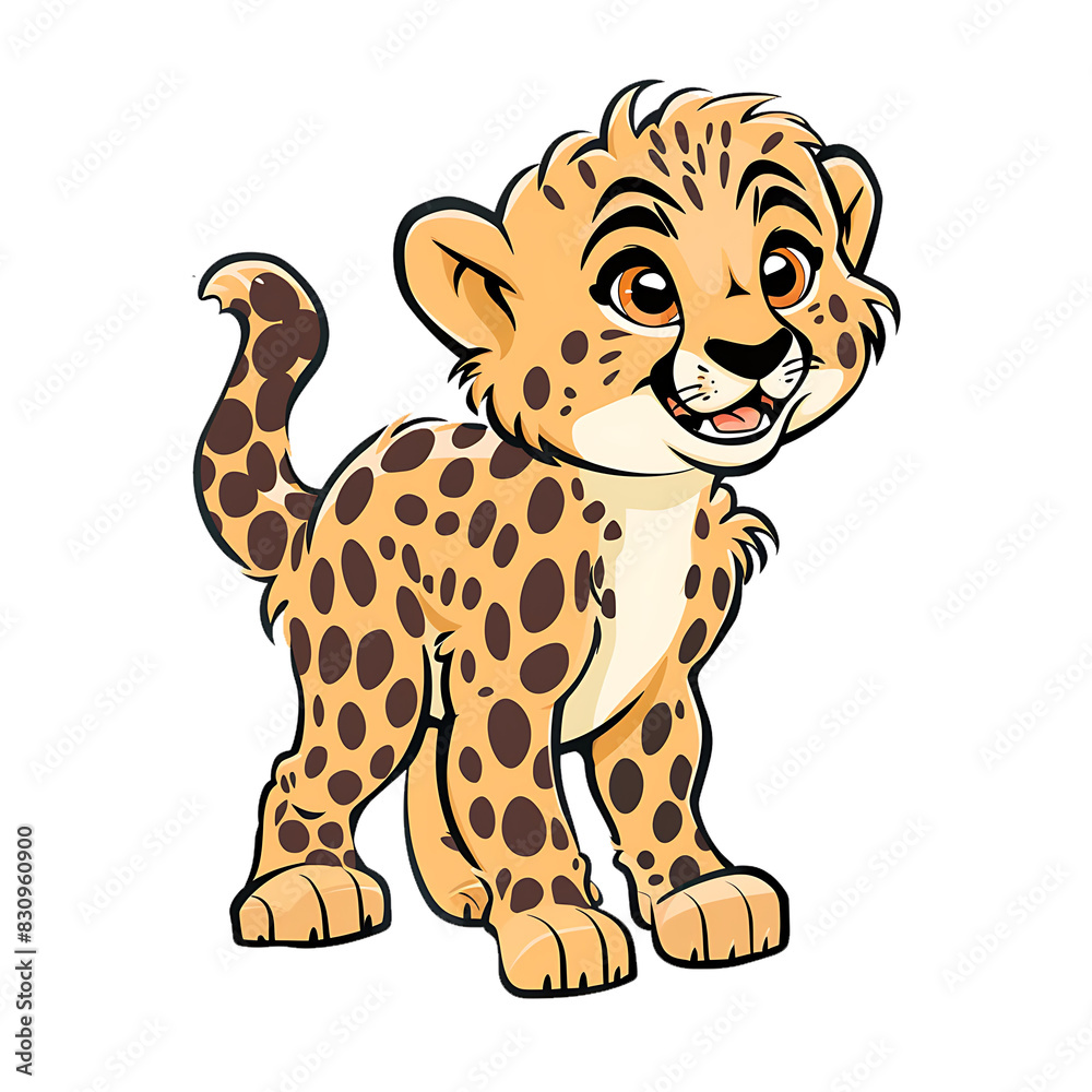 Generate a flat colored image of a joyful baby cheetah, with a sleek body and a playful expression, isolated on a white background, and outlined with a black line Generate a flat colored image of a joyful baby cheetah, with a sleek body and a playful expression, isolated on a white background, and outlined with a black line