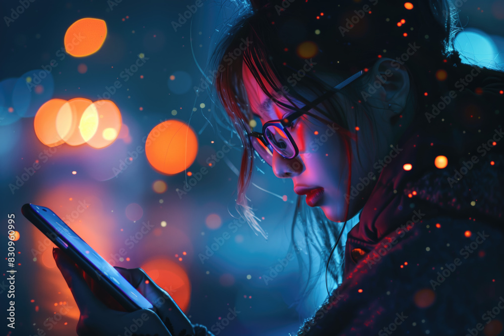 Fototapeta premium Sad young woman using smartphone at night in a city.