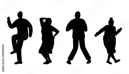 People Silhouettes. Black on White. Dancing senior people. Elderly people. Old men and old women have fun and dance. Positive active people. Vector illustration