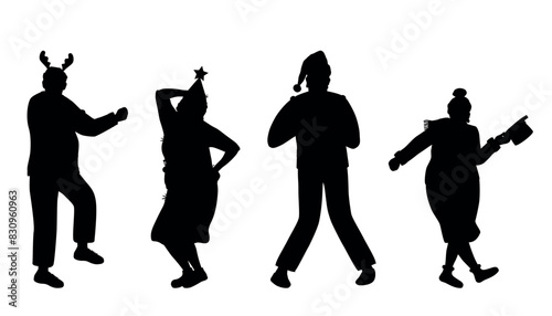 Christmas Party. Silhouettes of People in Christmas Costumes. People dance. People Silhouettes. Black on White. Vector illustration