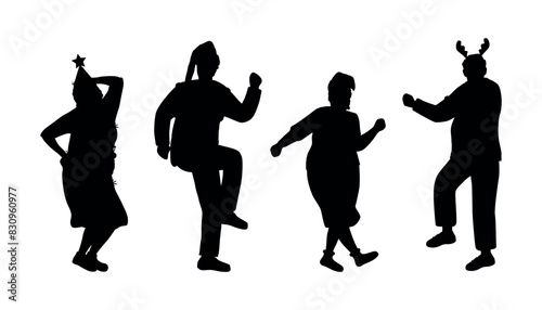 Christmas Party. Silhouettes of People in Christmas Costumes. People dance. People Silhouettes. Black on White. Vector illustration