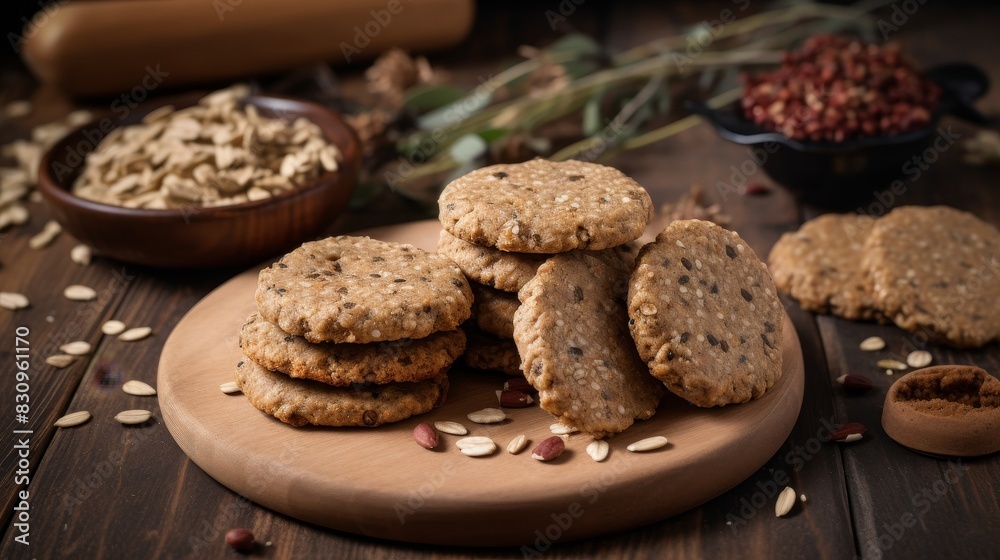 Vegan cookies with seeds and cereals close-up.