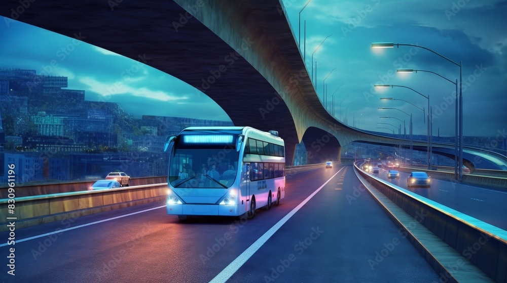 An intercity large and spacious bus travels along the highway