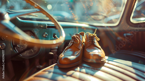 close of brown shoes in car vehicle casual sneakers comfort journey relaxation adventure with blured background photo