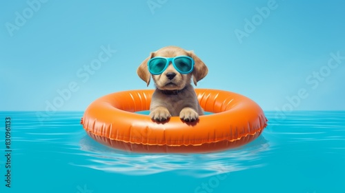 a dog in sunglasses floats on an inflatable yellow circle in the sea