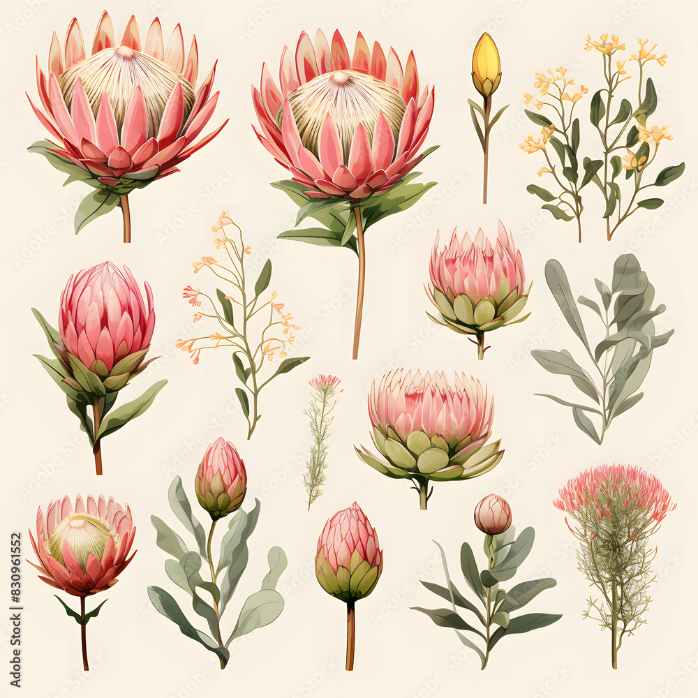 set of Protea, plants, leaves and flowers. illustrations of beautiful realistic flowers for background, pattern or wedding invitations