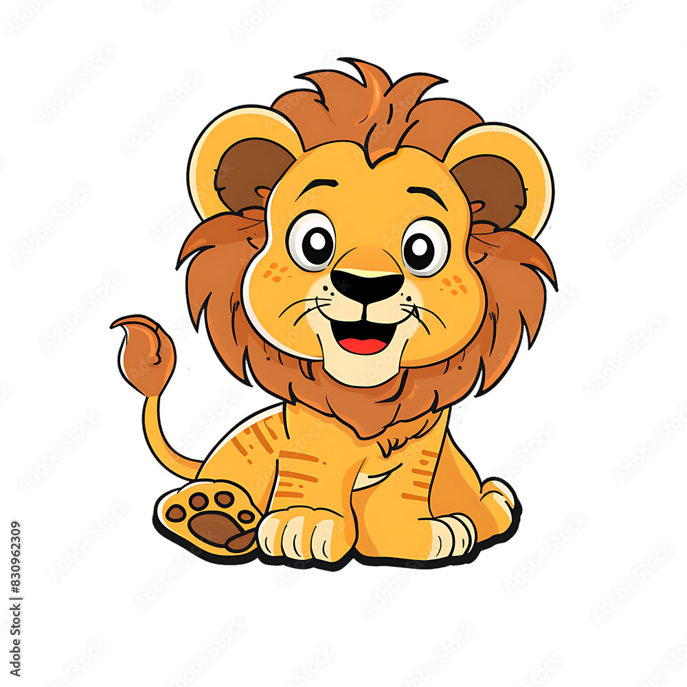 Transperant, Design a flat colored image of a friendly lion cub, with a small mane and playful expression, isolated on a white background, and outlined with a black line Transperant, Design a flat colored image of a friendly lion cub, with a small mane and playful expression, isolated on a white background, and outlined with a black line
