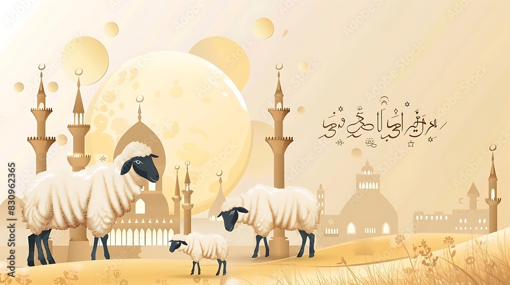 Naklejka premium greeting, moon, sacrifice, celebration, design, vector, aid, arab, arabic, festival, islamic, muslim, poster, sheep, art, eid, happy, text, al, card, holiday, background, arabian, invitation, islam, o